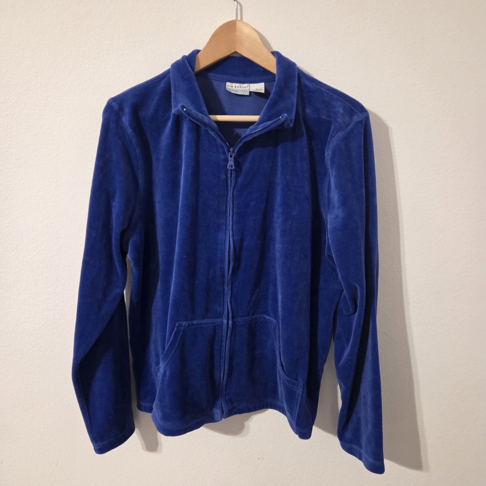 Kim Rogers Blue Essentials Zip Up Jacket Athletic Top Warm-up Velvet Sz Large